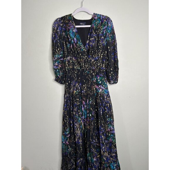 Shoshanna Madeline Black Metallic V-Neck Long Sleeve Gown Maxi Dress Women's 4 - Picture 1 of 12
